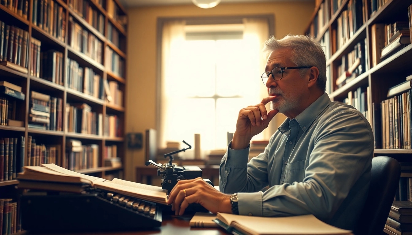 Author contemplating in a cozy library filled with books, notable ambiance and focus.