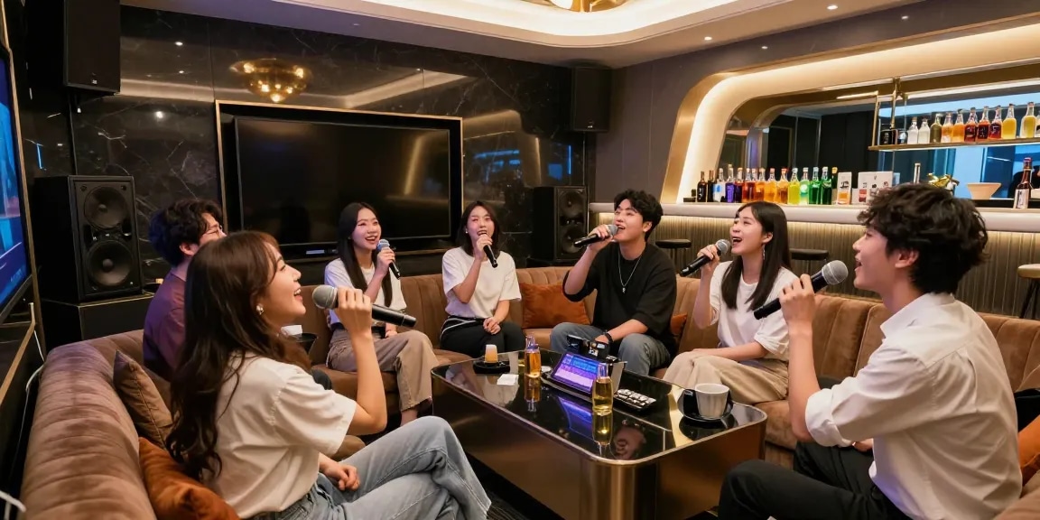 강남구구단의 고급스러운 가라오케 룸에서 친구들이 즐겁게 노래를 부르고 있는 모습