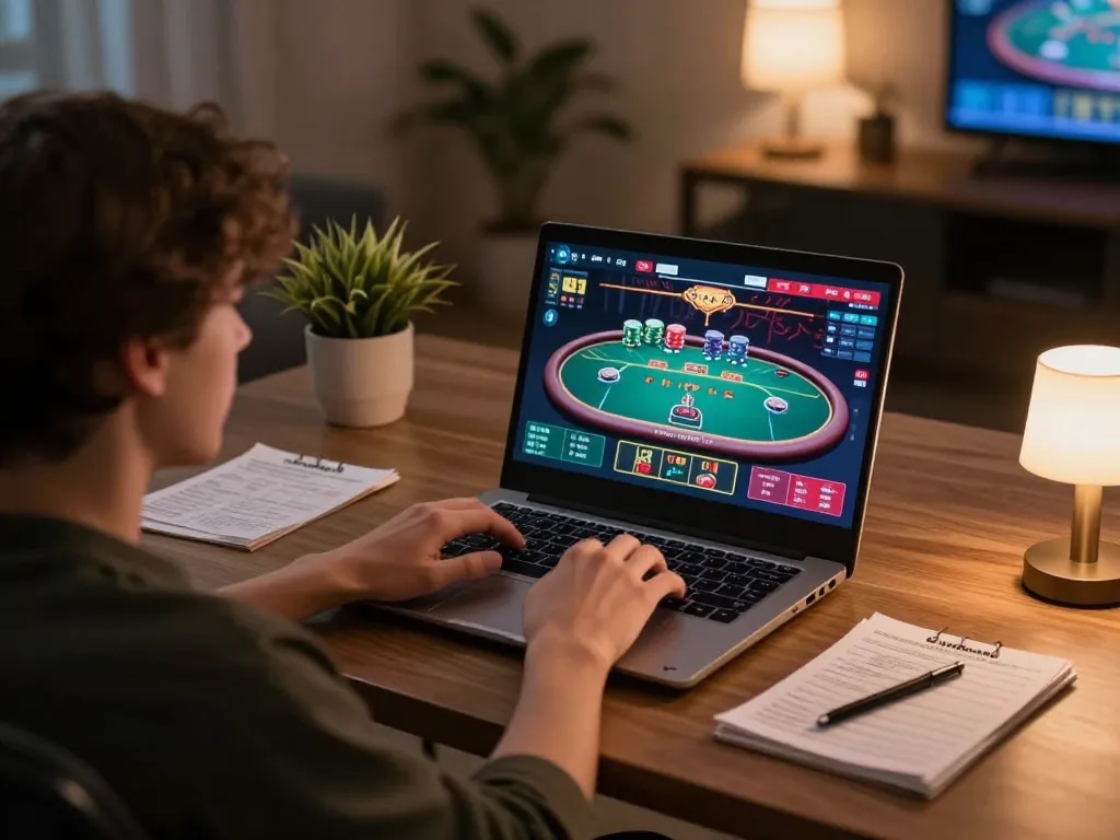 Experience thrilling online gameplay with 32win's innovative poker platform in a stylish home setup