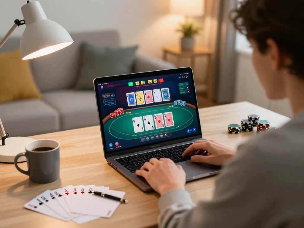 Go8 player strategizing poker bets at home with laptop in comfortable workspace.