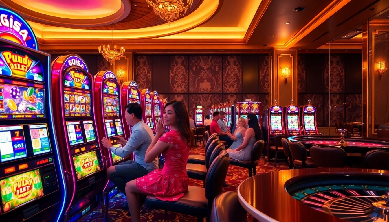 Para pemain menikmati permainan slot pulsa di kasino yang meriah dengan mesin-mesin berwarna-warni dan aksi yang dinamis.