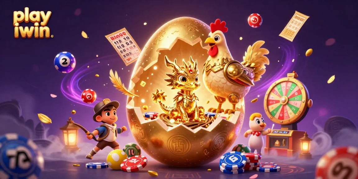 Play iwin with a vibrant scene of a golden dragon and gaming elements surrounded by dynamic action.