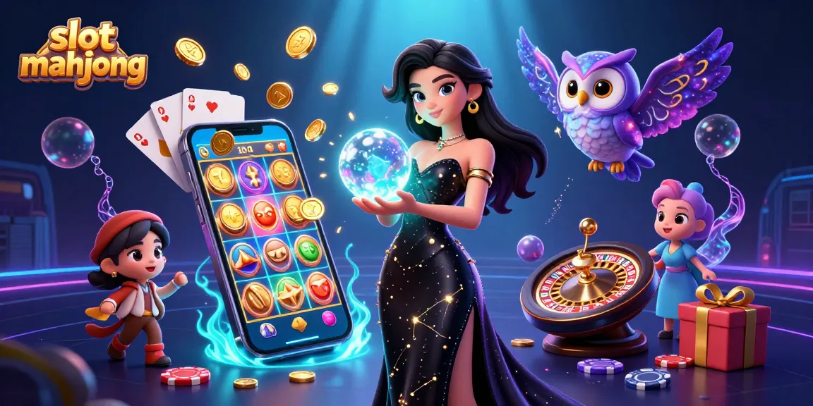 Engage with slot mahjong as a stunning woman wields a crystal ball amidst dynamic casino elements.