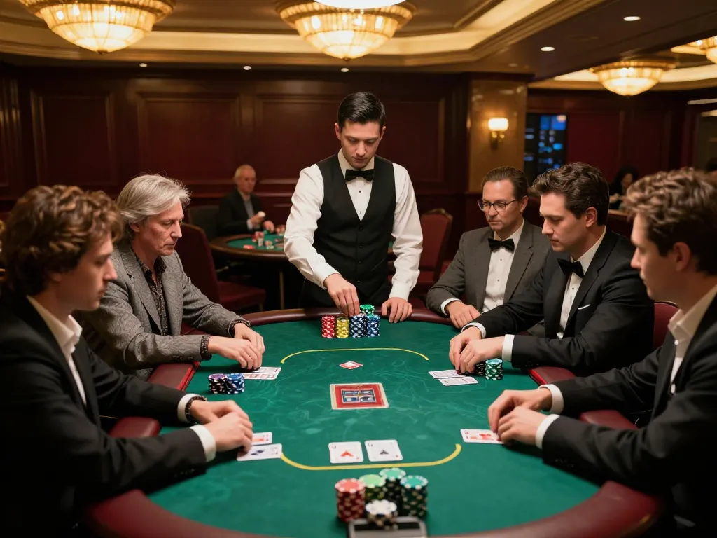 Players engaged in a focused poker game at an upscale casino, showcasing strategic gameplay and vibrant atmosphere, s666 in action.