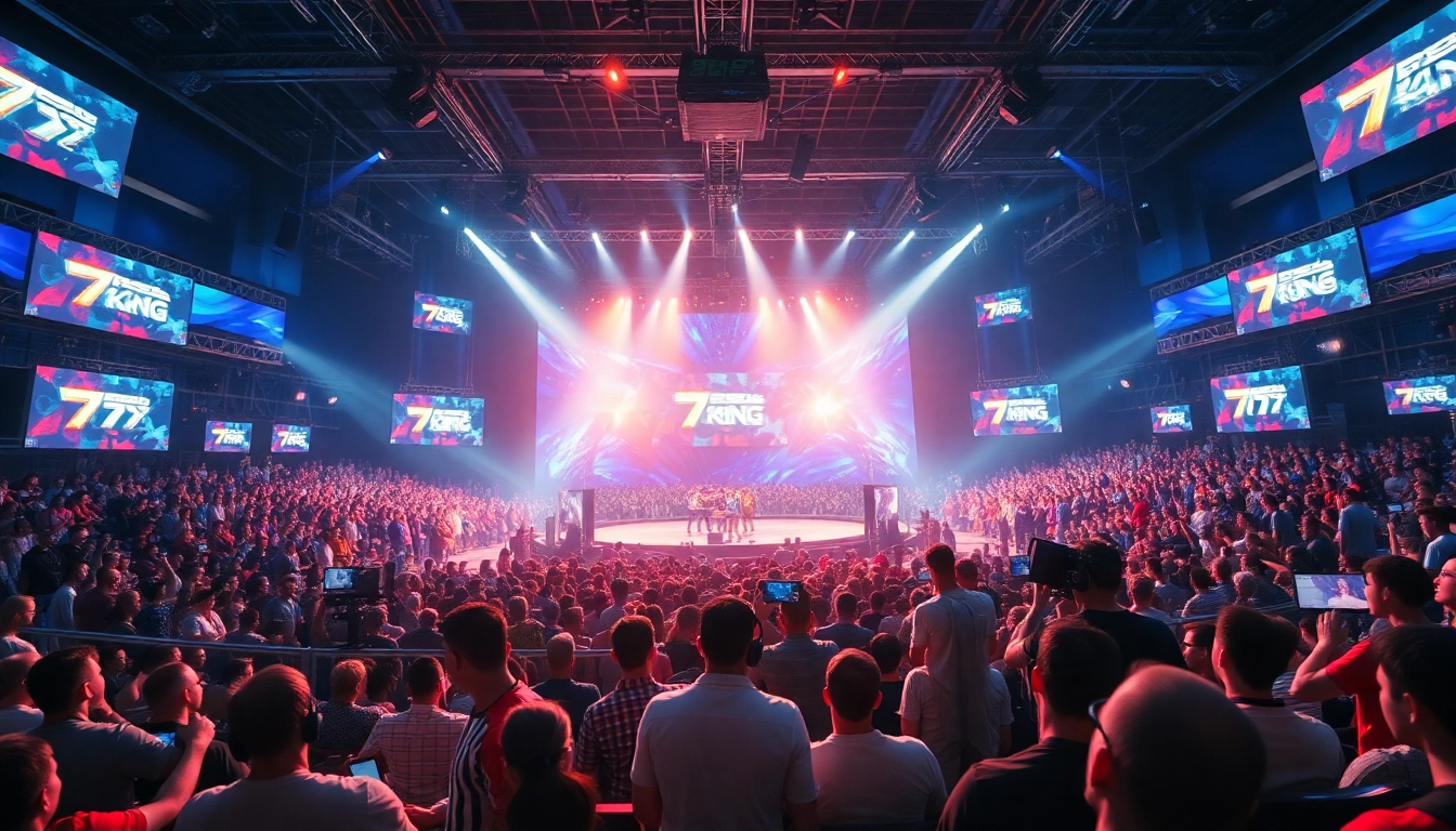 A vibrant esports arena showcasing the 79king team in a high-stakes gaming match.