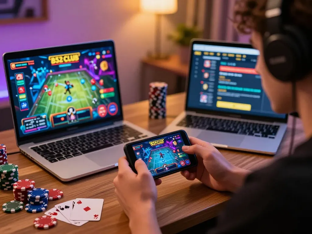 B52 Club không bị chặn: Engaging player immersed in mobile casino gaming atmosphere.