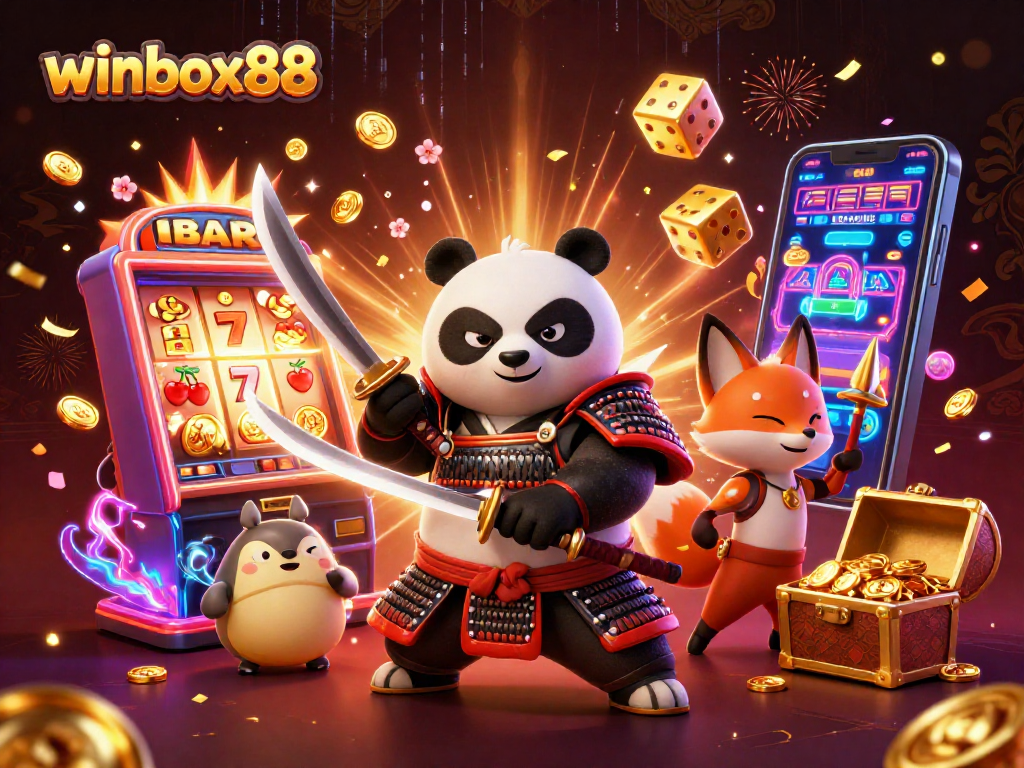 Winbox88 gaming scene with samurai panda and dynamic casino elements bursting with energy.