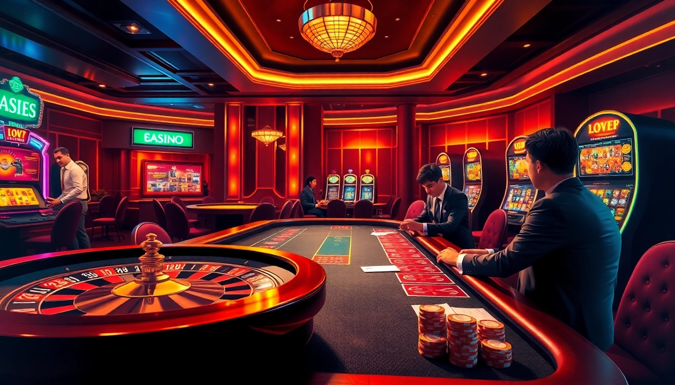 Vivez un gameplay palpitant avec le casino en ligne présentant des jetons de poker et une roue de roulette engageante.