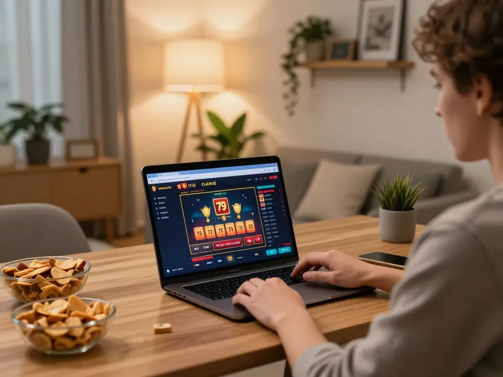 Engaged player enjoying 79 king online casino experience in stylish home office, conveying strategic gaming.