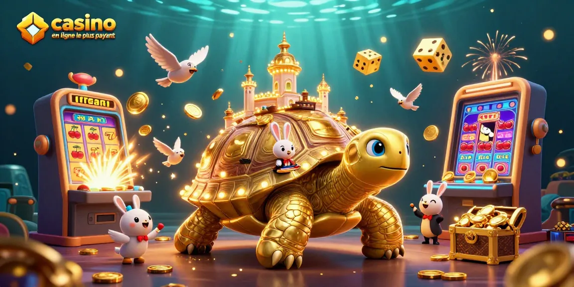 Illustration animée d'un casino en ligne le plus payant, avec une tortue dorée et des éléments de jeu.