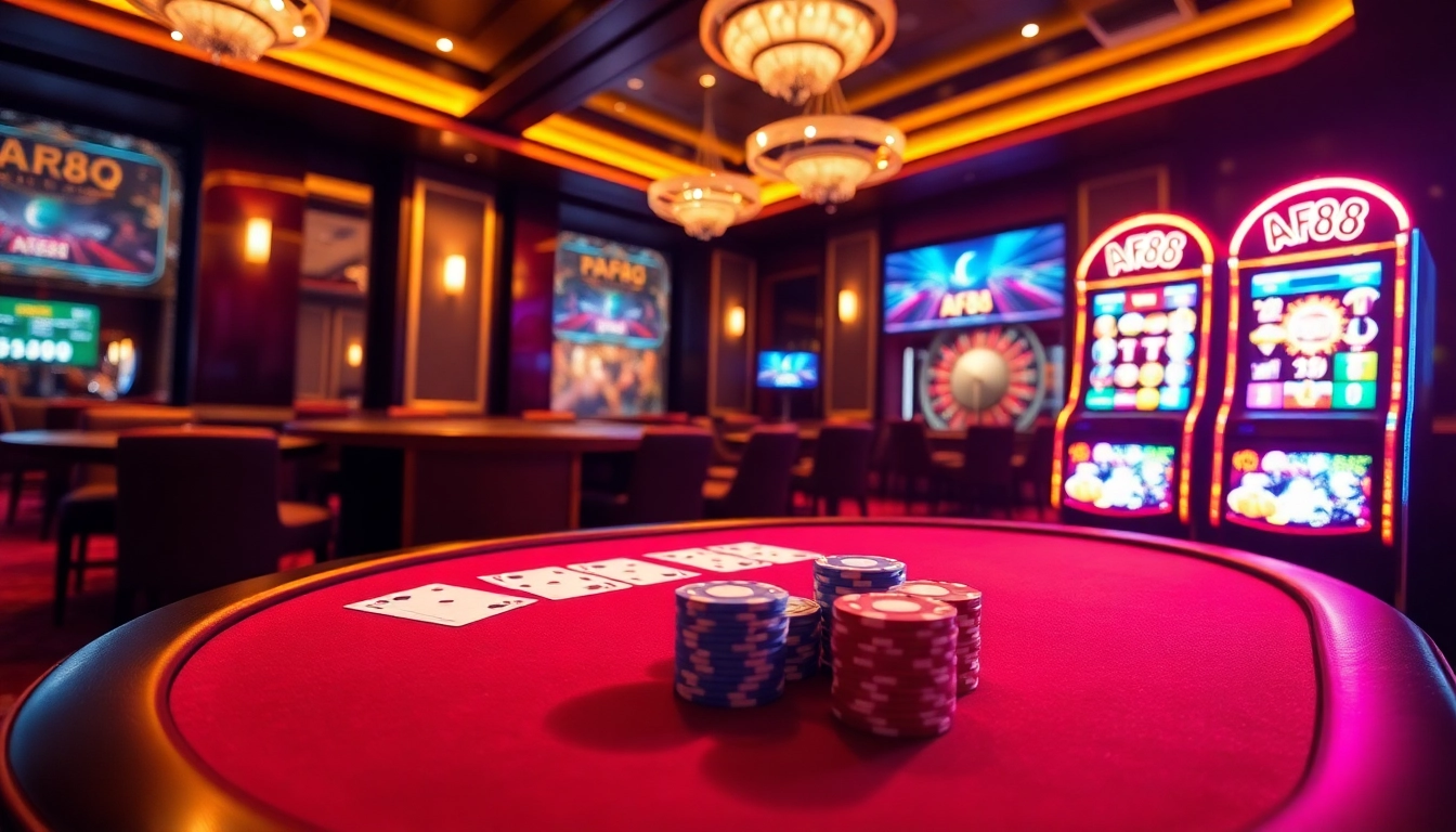 Players enjoying the excitement of AF88's online gambling experience with poker chips and cards.
