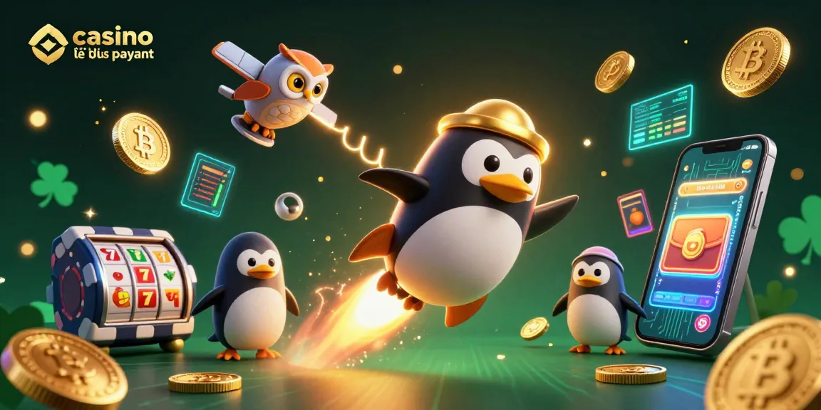 Représentation du casino en ligne le plus rentable avec un pingouin doré en fusée et des pièces virtuelles.