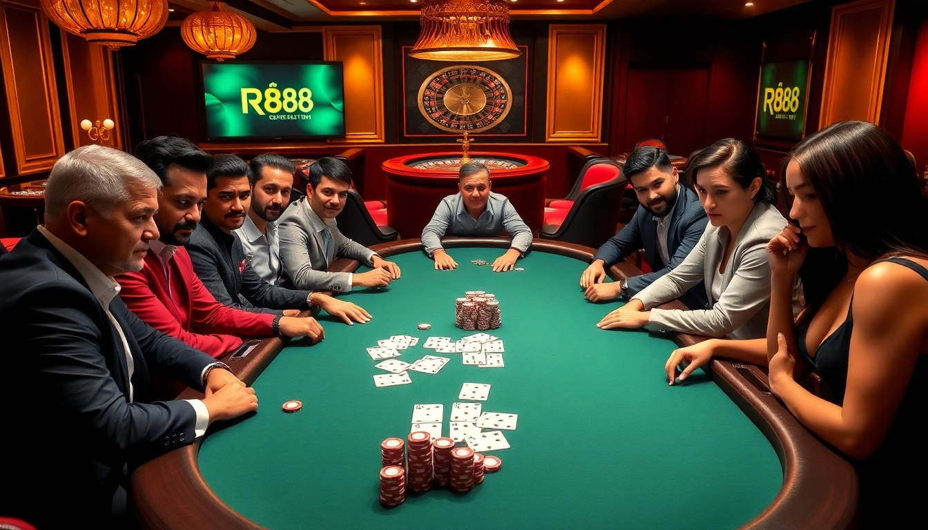 Players at the RR88 poker table celebrate big wins in an elegant casino.