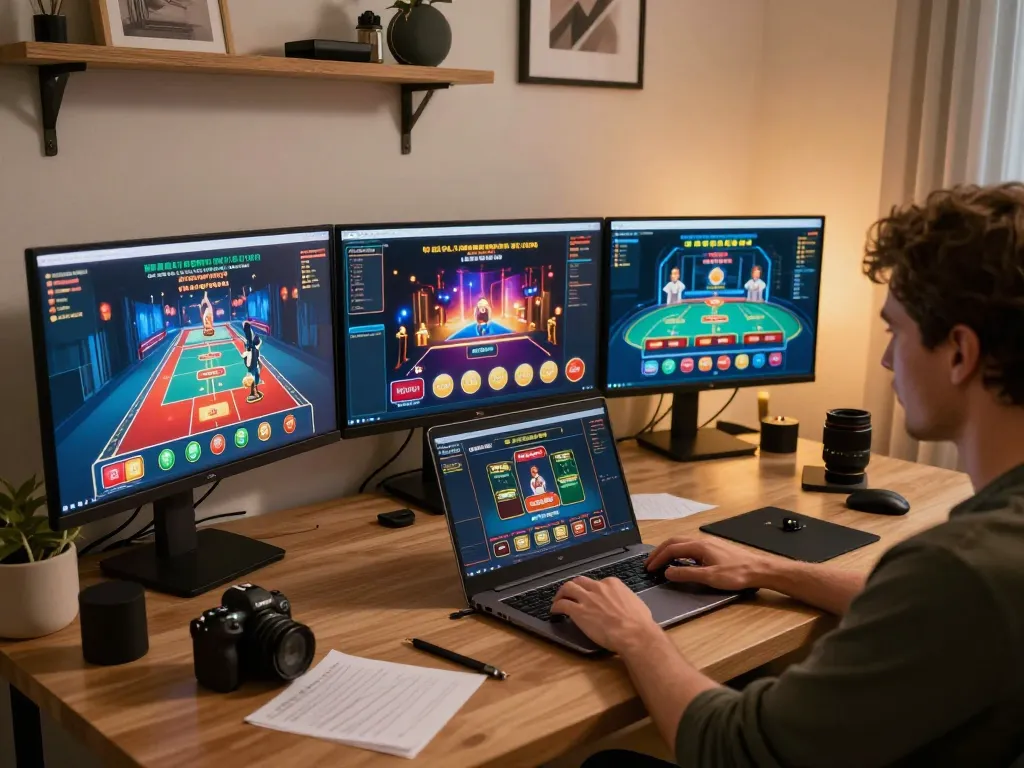 Player engaged in strategic online gaming on 8k8 platform with multiple screens showing casino games.