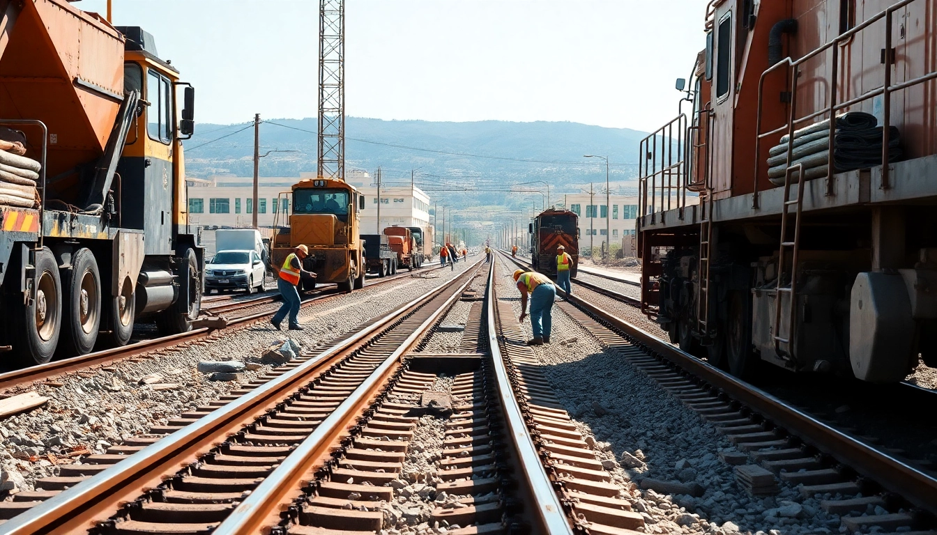 Workers from Ratilroad Track Construction Compary collaboratively laying down new tracks.