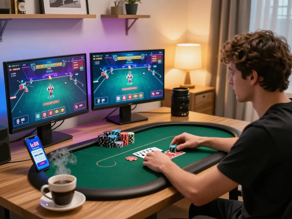 Experience gaming excitement with lc88 in a competitive online poker setup at home.