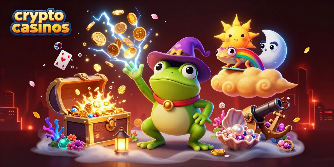 Jouez sur les crypto casinos avec une scène dynamique de magie, pièces d'or et effets de lumière colorés.
