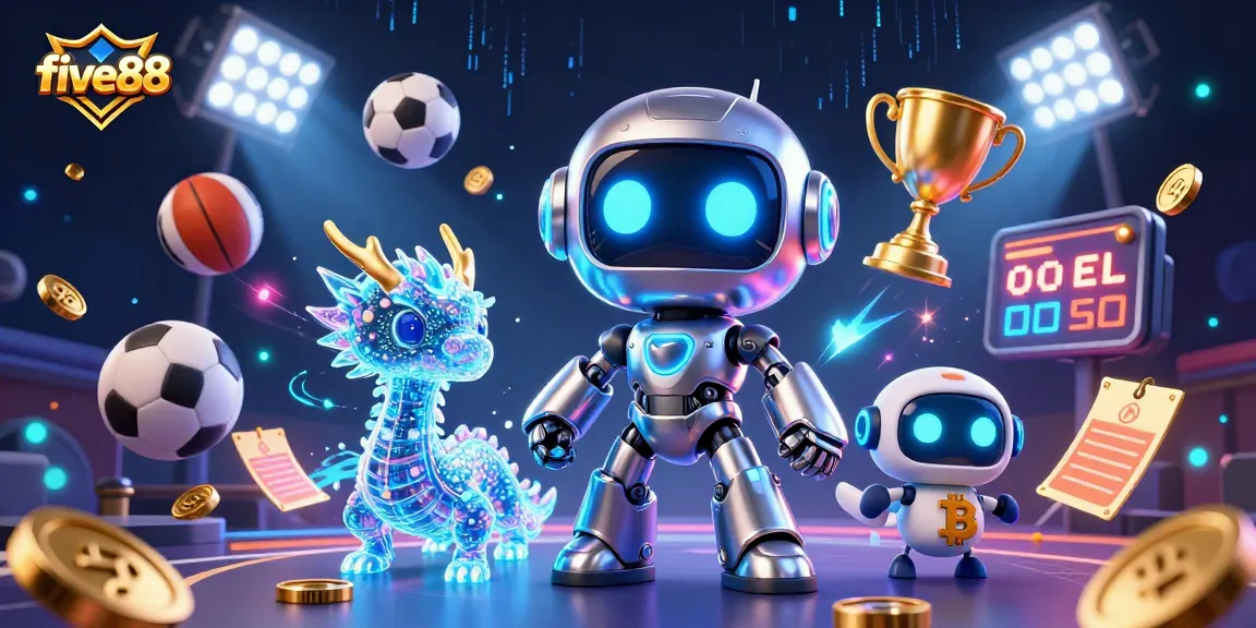 Experience the excitement of five88 with a cyberpunk robot and sports elements in this vibrant illustration.