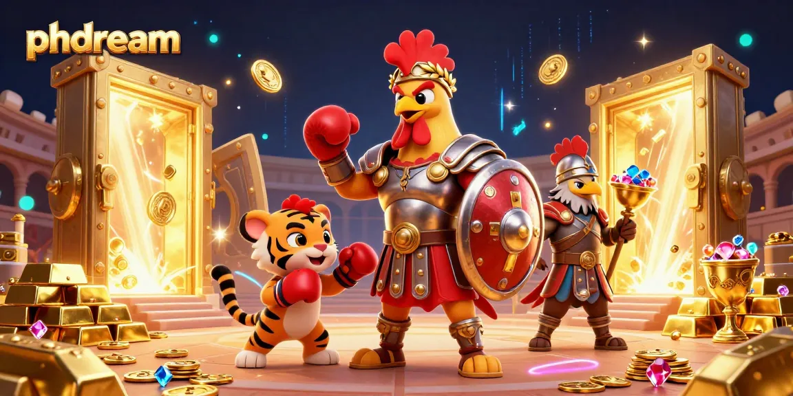 Experience the thrill of phdream with a dynamic casino-themed scene featuring a gladiator rooster.