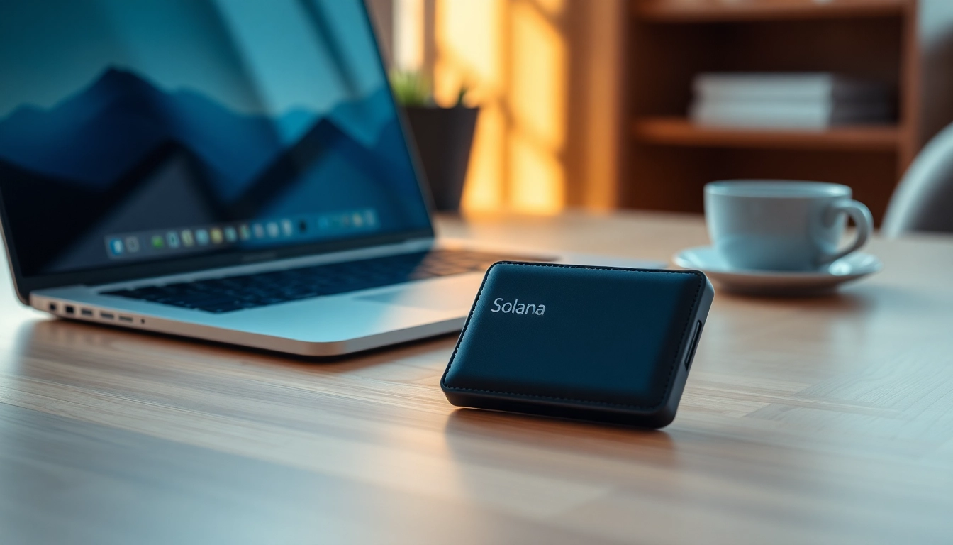Showcasing a Solana Wallet in a modern workspace with sleek design and digital interaction.