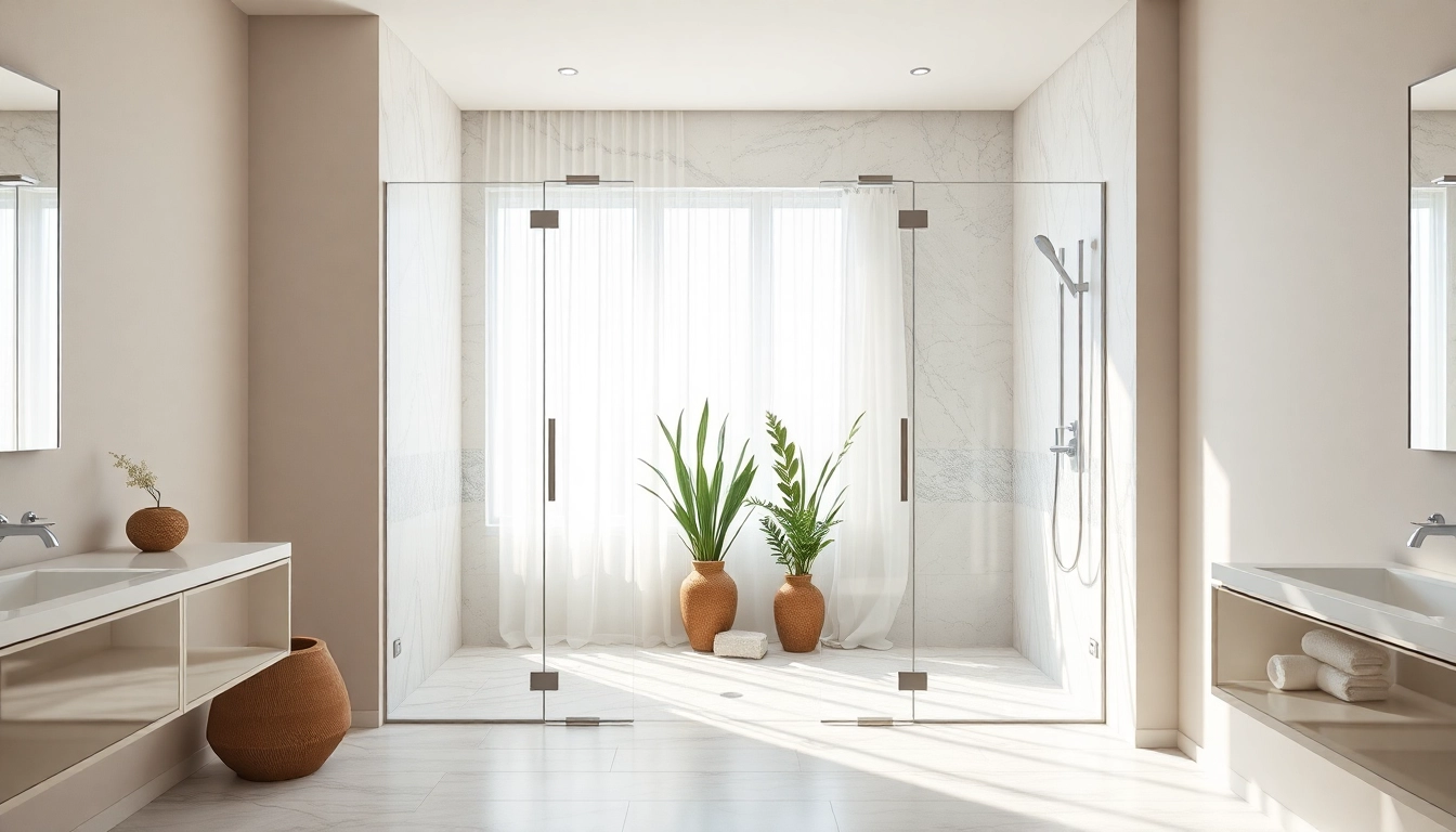 Stylish modern shower doors UK in a bright, elegantly designed bathroom.