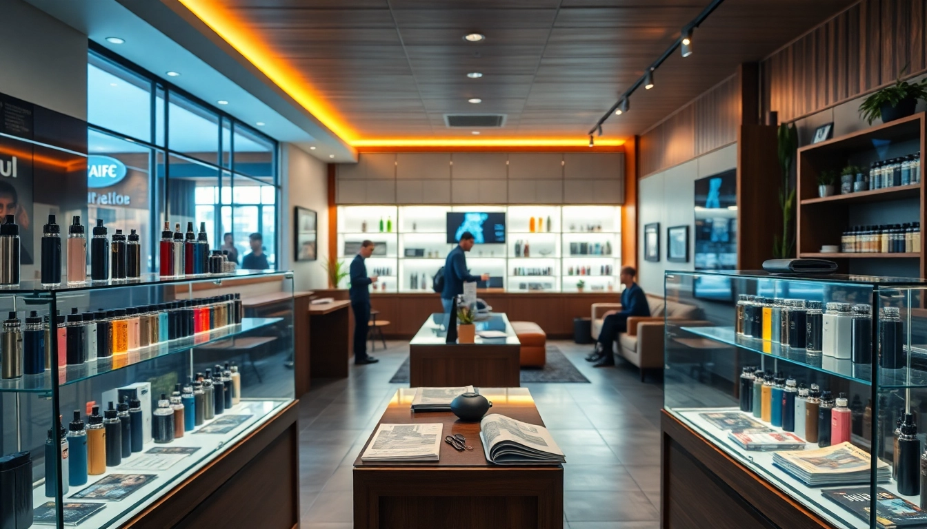 Vape shop mit einer einladenden Atmosphäre, präsentiert verschiedene Vape-Produkte und stilvolle Dekoration.