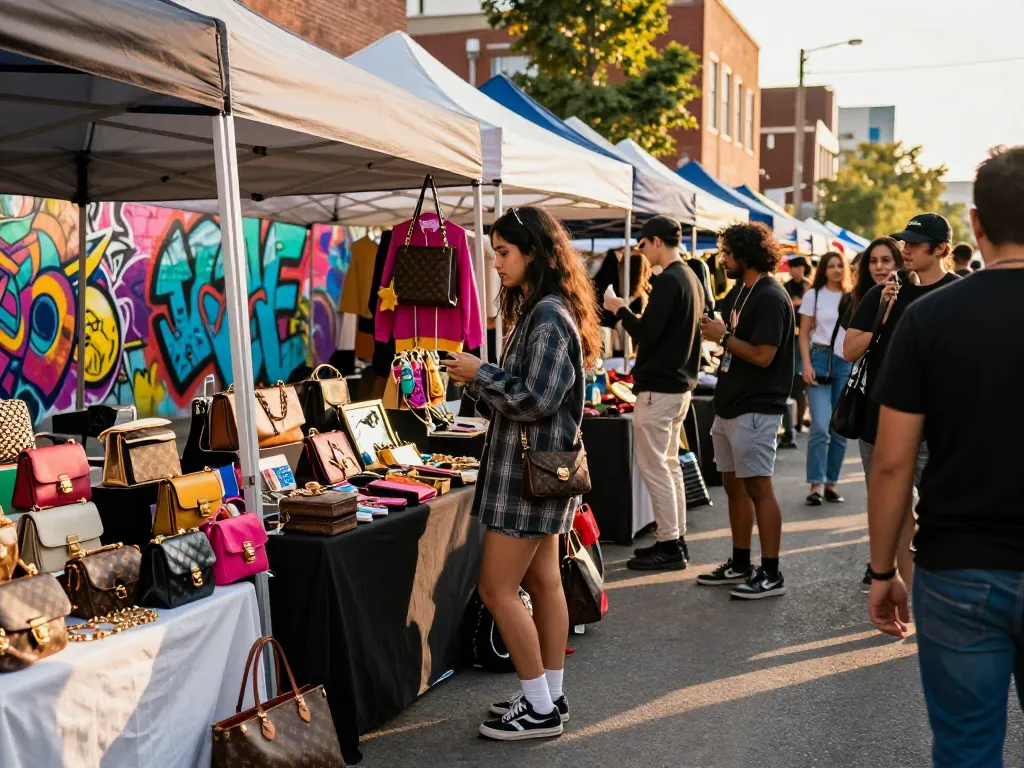 Vibrant urban fashion market scene showcasing 레플리카 사이트 luxury replicas with stylish shoppers.