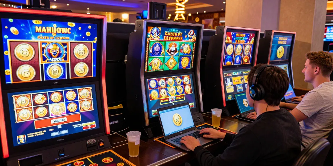 Players enjoying top JPTOTO slot games in a lively online casino atmosphere, celebrating wins.