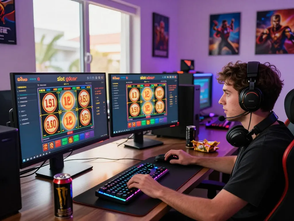 Pemain menikmati situs slot gacor di beberapa layar dalam pengaturan game yang dinamis.