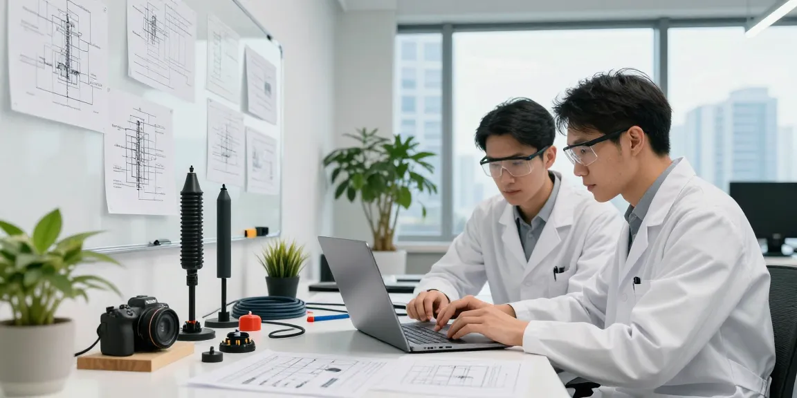Detailed workspace with an engineer reviewing seismic cable specifications amidst geophones and hydrophones, showcasing modern technology.