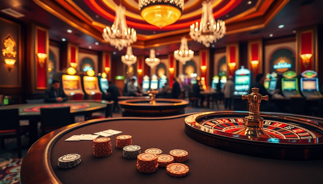 Découvrez l'excitation du casino en ligne avec des joueurs à une table de poker animée et des machines à sous palpitantes.