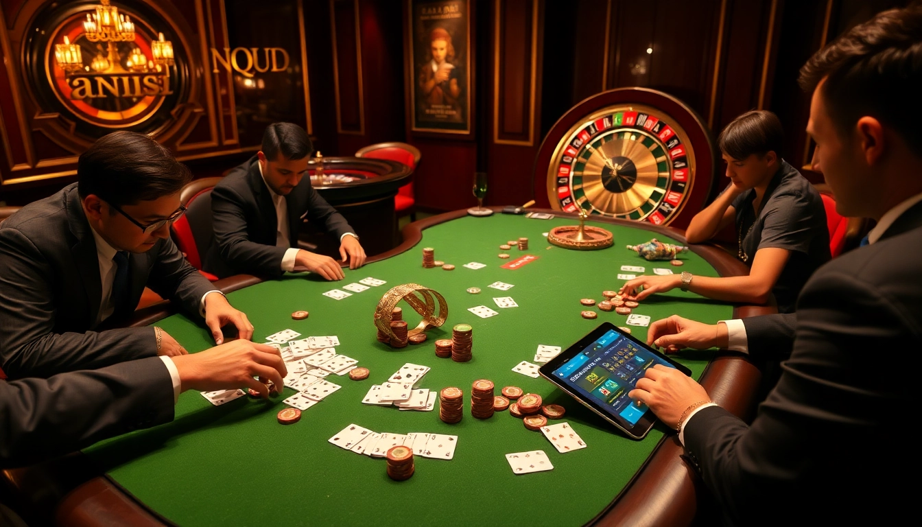 Action-packed poker scene featuring okvip f168 players and casino elements in a luxurious setting.