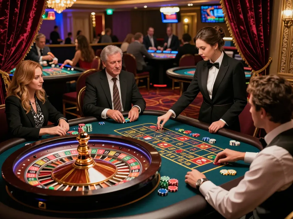 sunwin players engaged at a roulette table, vibrant atmosphere of excitement and strategy