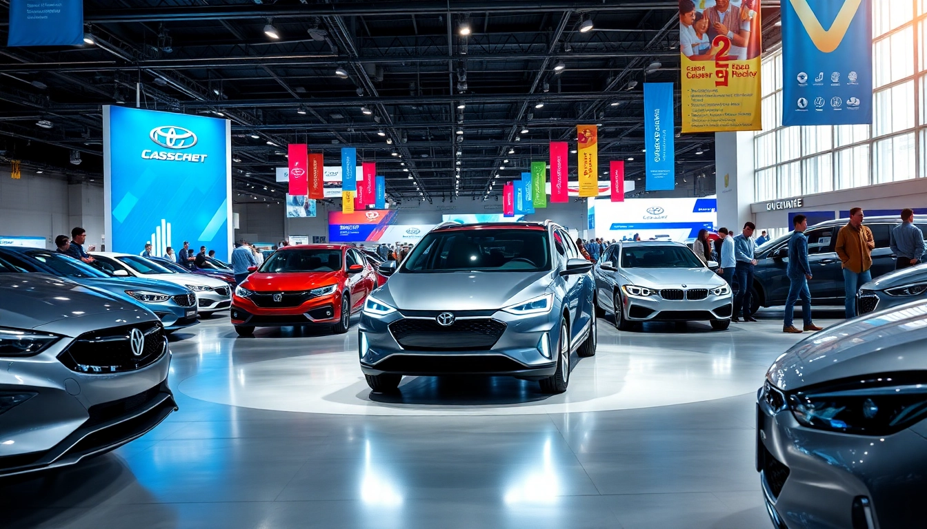 Engaging setup at an Auto Cars Show with a sleek vehicle and enthusiastic crowd.