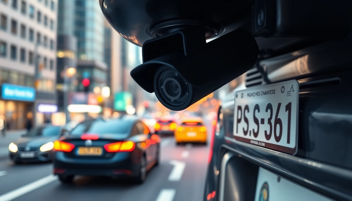 Showcase a license plate recognition camera in action, featuring sleek design against a vibrant city backdrop.