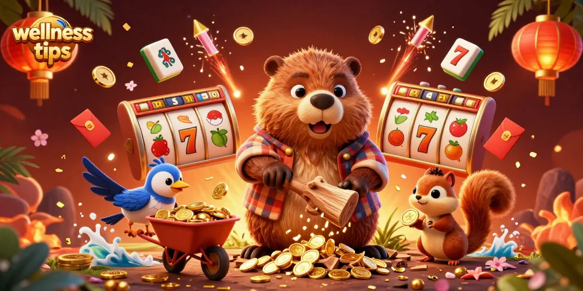 Engaging wellness tips image with a beaver, bird, and squirrel in a lively casino setting, showcasing slot game elements.