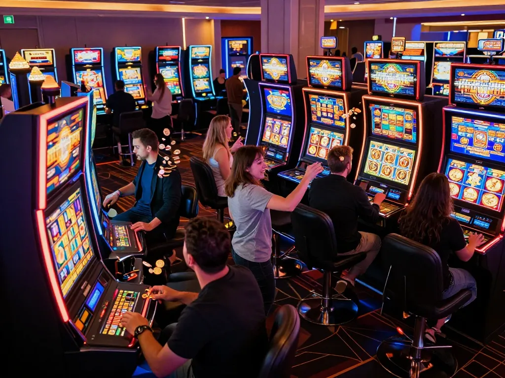 Players celebrating a slot bonus win at colorful machines in a lively casino.