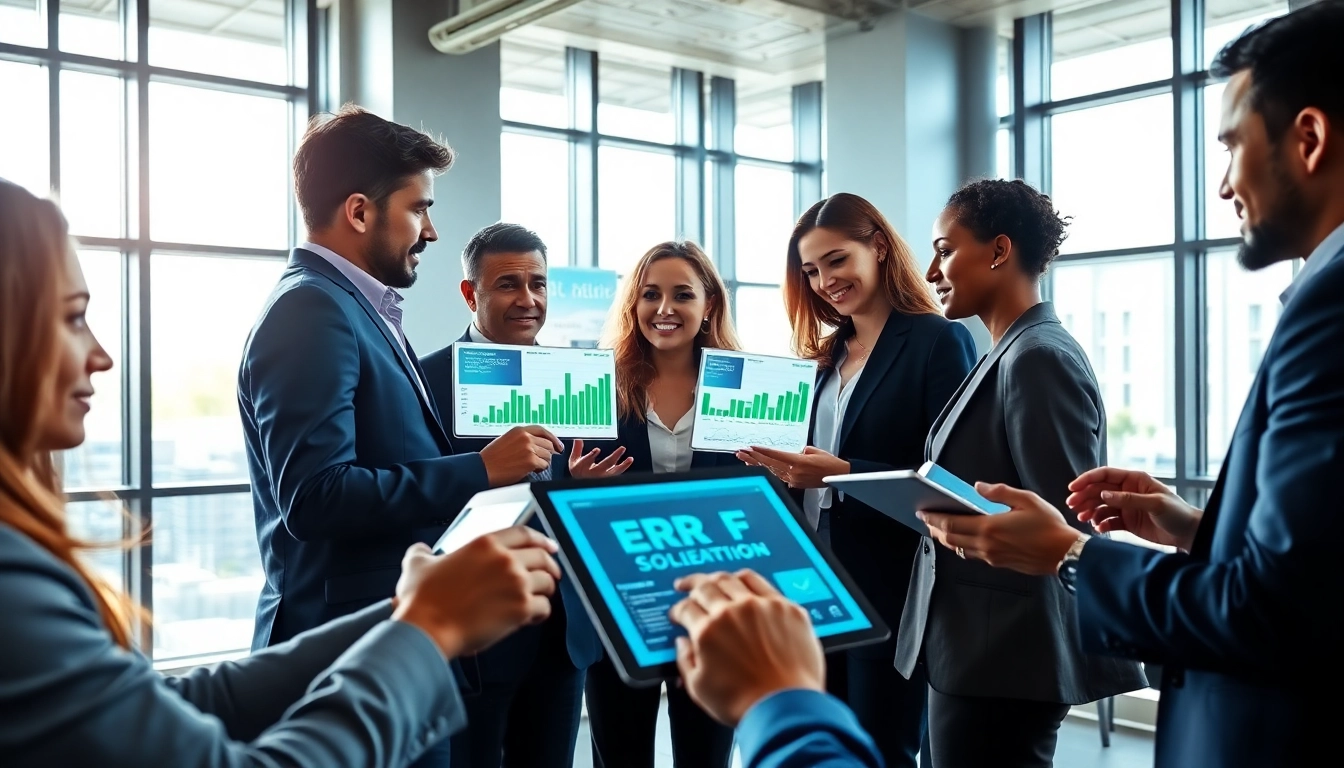 Business professionals collaborating using Logo ERP software in a modern office setting.
