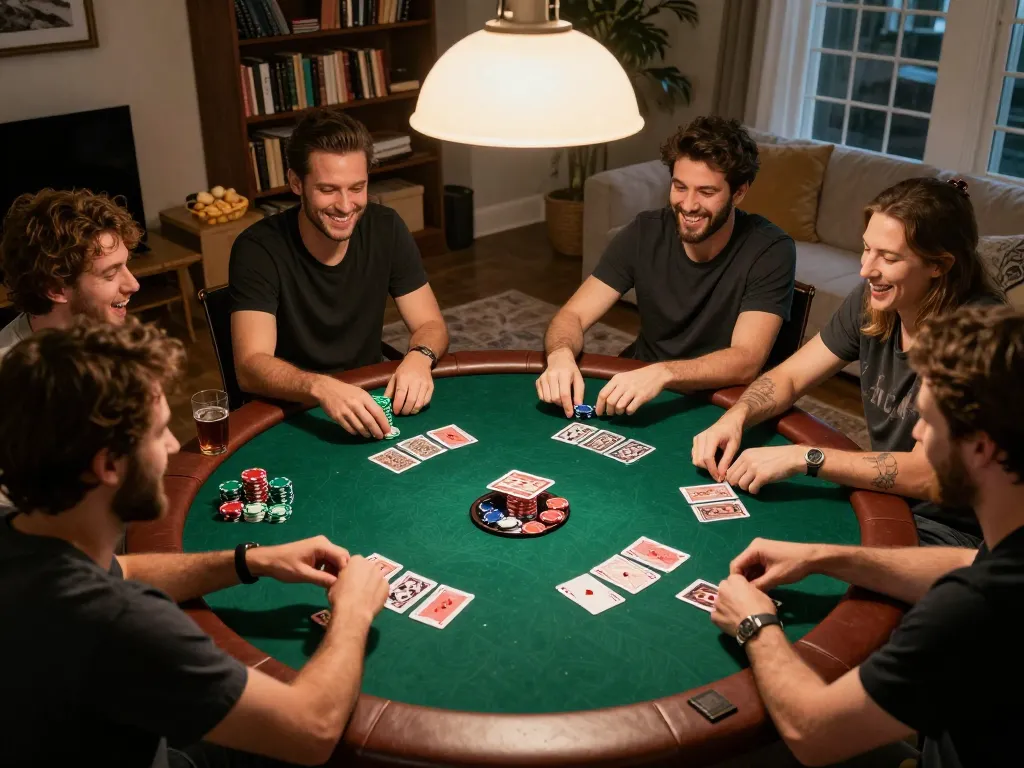 Engaged players enjoying poker night at home on 98win, showcasing strategic gameplay and social bonding.