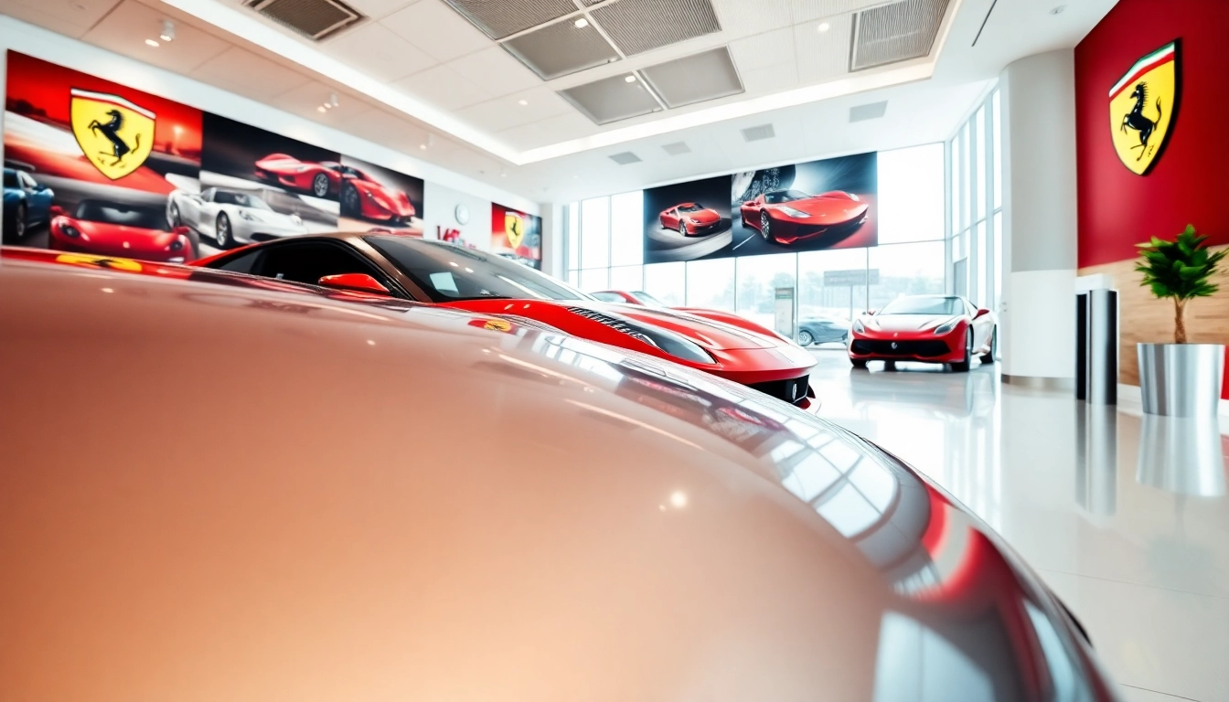 Showcase of Ferrari dealer in Durban featuring a sleek Ferrari model in bright showroom.