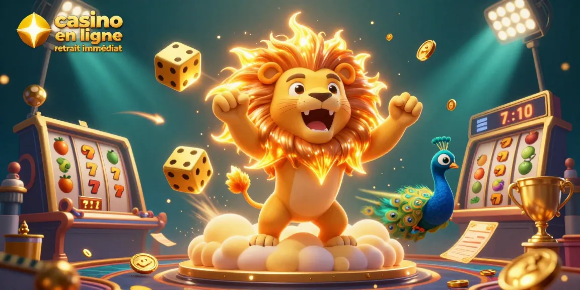 Découvrez les avantages du casino en ligne retrait immédiat, illustré par un lion vibrant et des éléments de jeu captivants.