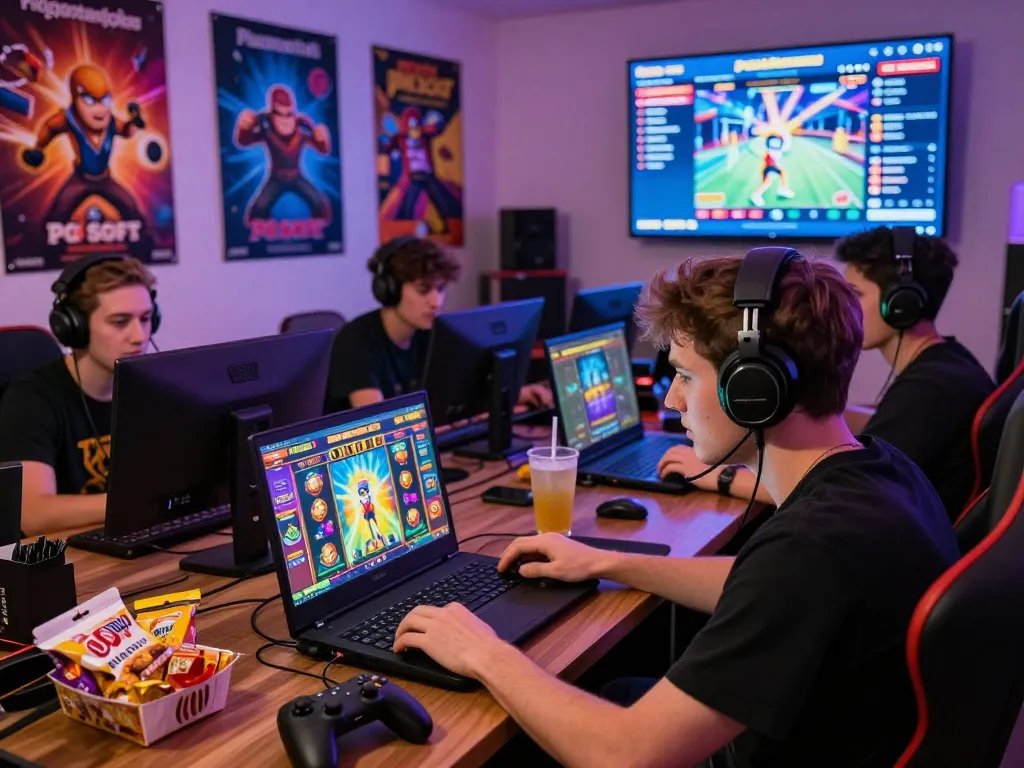 Dynamic popotogel gaming environment with players immersed in colorful slot games and engaging atmosphere.
