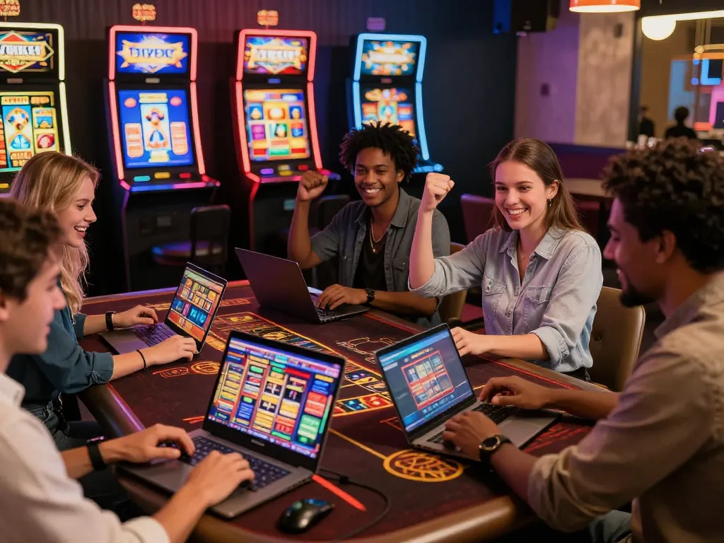 Friends enjoying nk88 online gaming experience on laptops and mobile devices in a vibrant virtual casino setting.