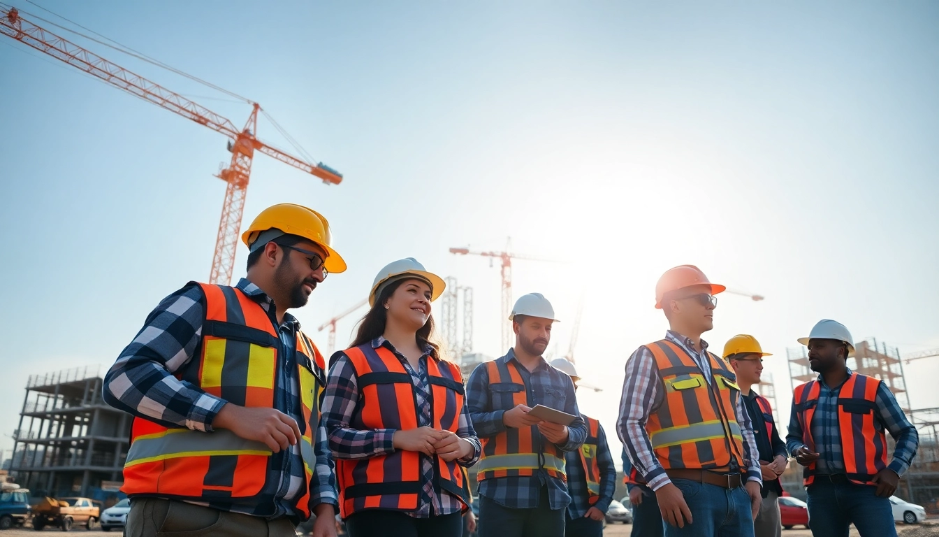 Engaged professionals working in careers in construction on a bright site.