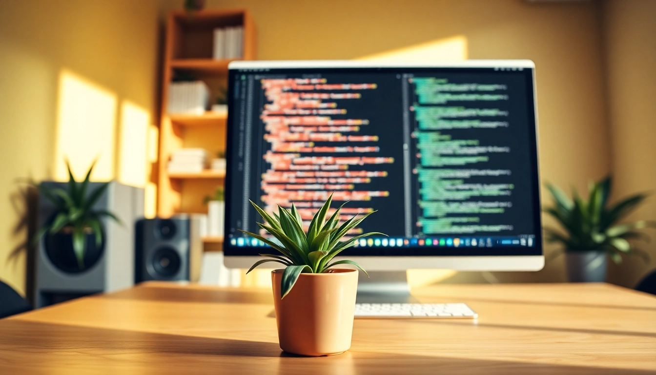 Design workspace showcasing https://albmaftoh.com with computer, greenery, and natural light
