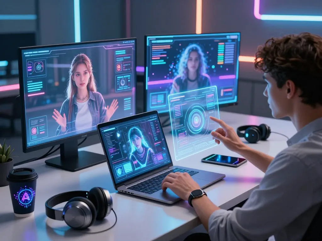 User engaging with Crush on AI in a modern tech workspace with holographic interfaces and innovative gadgets.