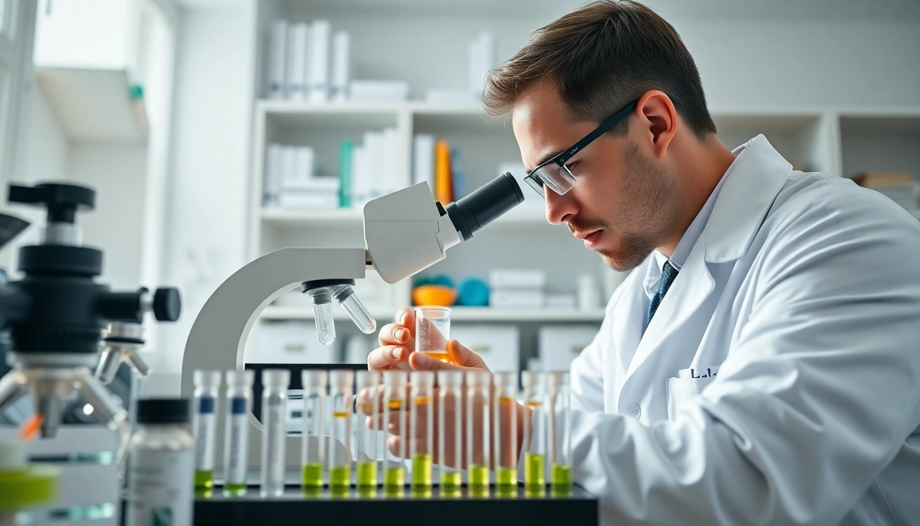 Analyzing high purity peptides in a laboratory, showcasing sleek equipment and a professional setting.