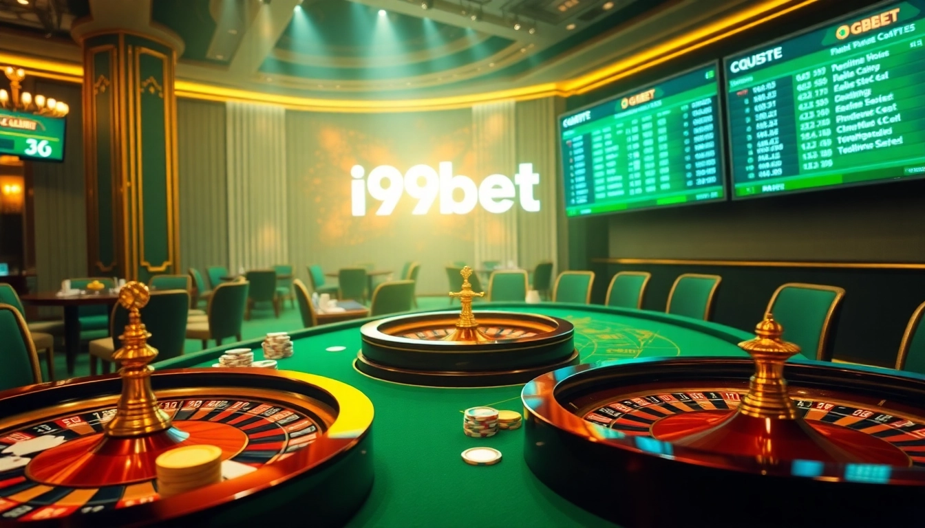 I9bet online betting: A vibrant casino scene showcasing a roulette wheel, betting chips, and cards.