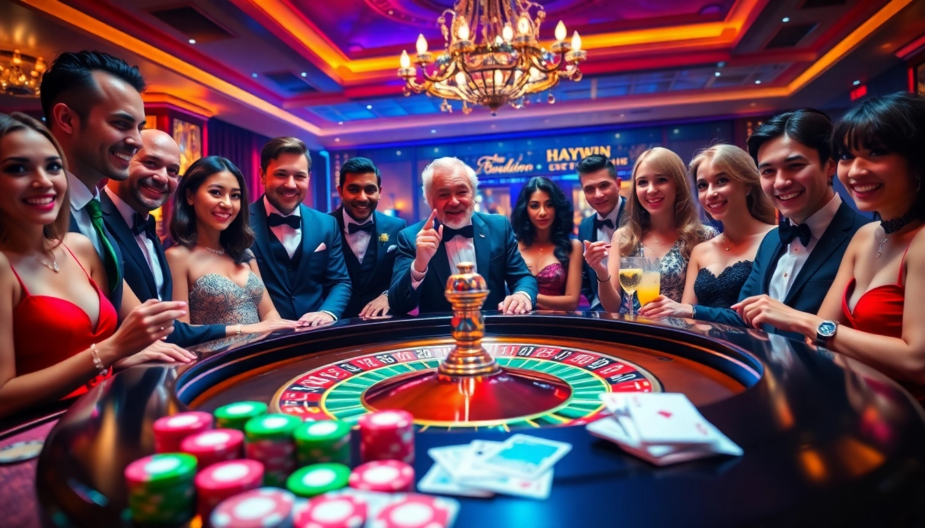 Enjoy HAYWIN in a vibrant casino scene with excited players and roulette table.