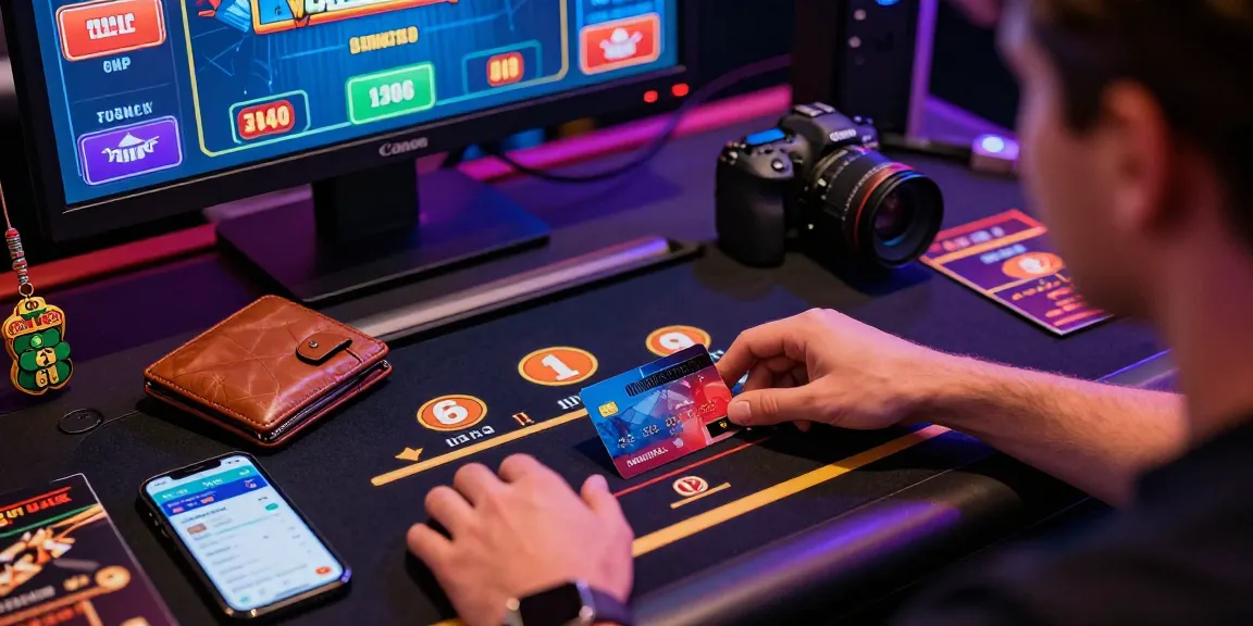 Engaged player using credit card casinos for an online gambling experience, colorful graphics on screen, and gaming accessories on desk.